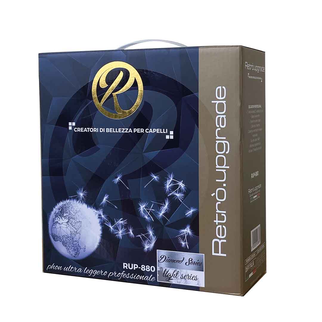 La box che contiene il phon in colorazione nero, blue e oro. In alto la pratica maniglia per trasportarlo.