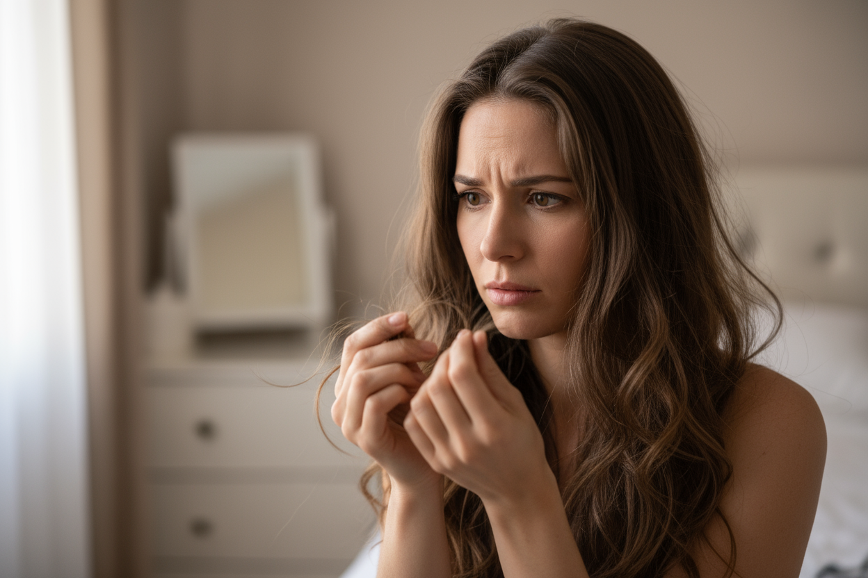 IMMAGINE DI UNA DONNA CHE VERIFICA LA CADUTA DEI CAPELLI